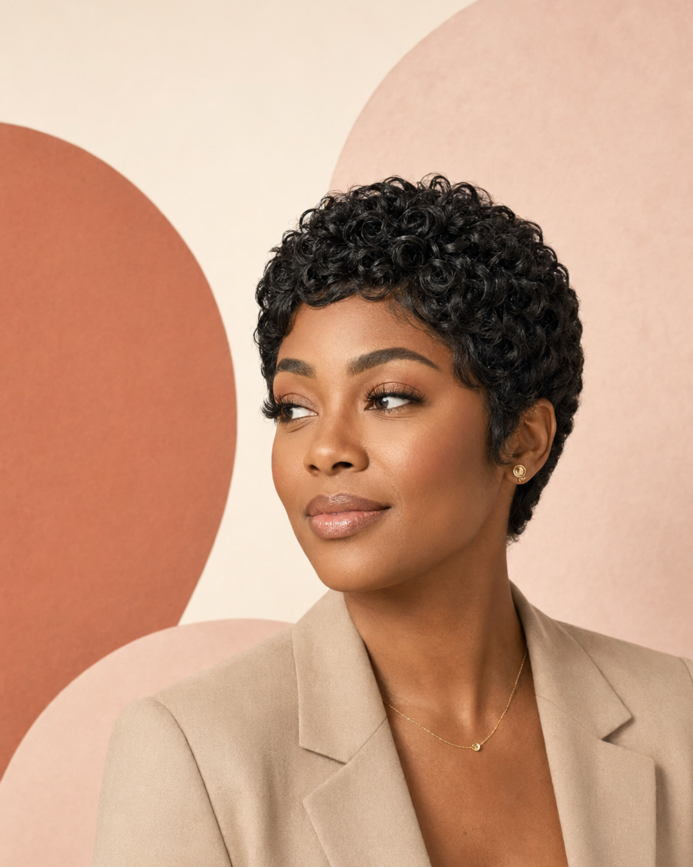 Woman wearing a short curly natural-black human-hair pixie wig